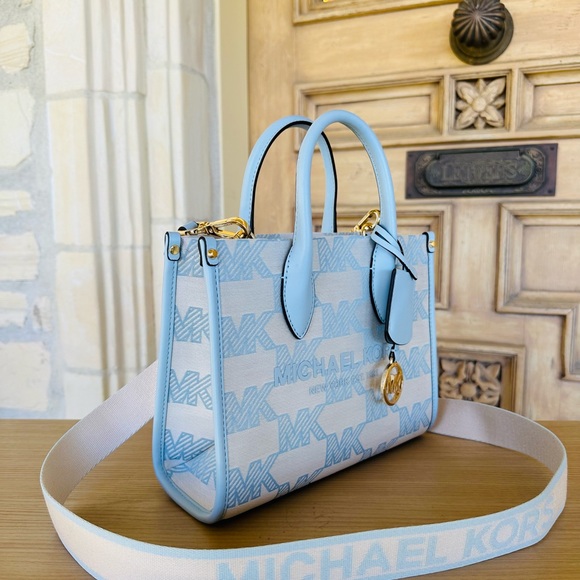 Michael Kors Mirella Graphic MK sky blue satchel Handbag&wallet NWT Authentic - Picture 4 of 14
